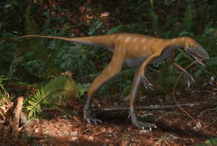 Illustration of Huaxiagnathus orientalis, a brown striped dinosaur about 1.5 meters long from nose to tail and half a meter tall, prowling on two hind legs through a prehistoric forest