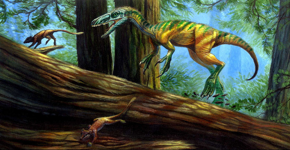 Illustration of dinosaur Huaxiagnathus, hunting two mouse-like early Cretaceous mammals over a log in a pine forest